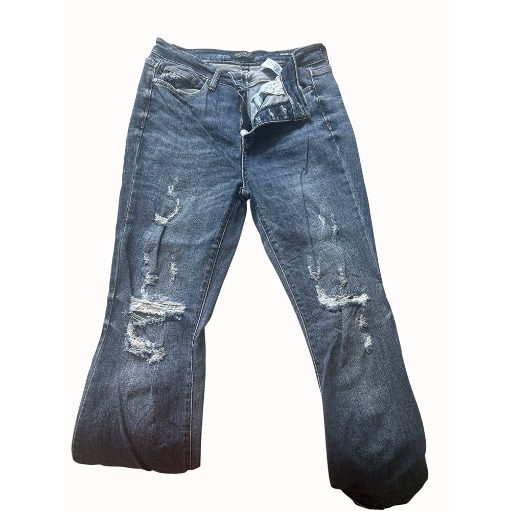 Judy Blue Womens Distressed Trouser Flare Jeans Size 11/30 Med Wash Cotton Blend